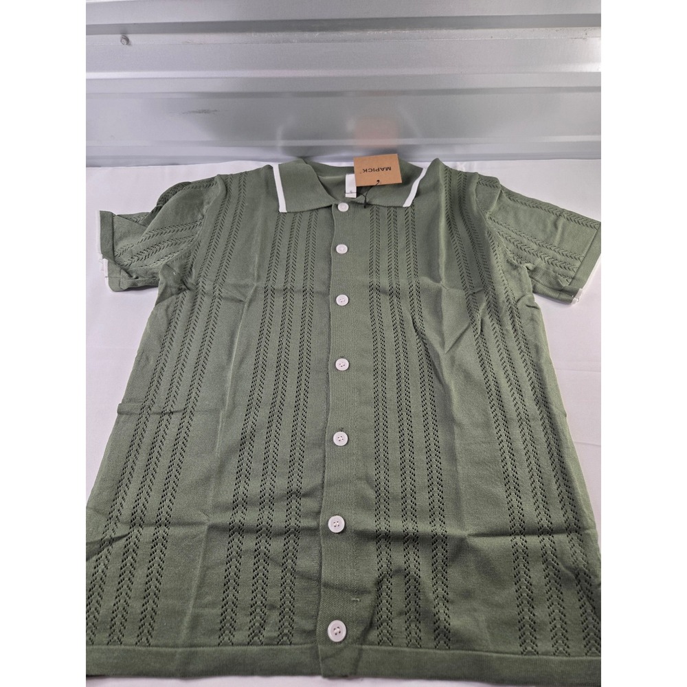 Mapick Men's Green Knit Button Down Short Sleeve Textured Polo Shirt Small New